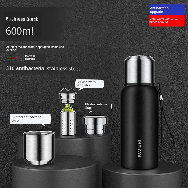 

All-Steel Large-Capacity Insulated Cup 316 Stainless Steel Water Cup for Men and Women, Tea Brewing, Car-Mounted, Outdoor Tea-Water Separation Cup Business Black-600Ml (Standard Style)