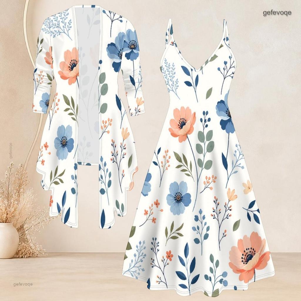 Women Plus Size Two Piece Set Long Sleeve Jacket Cami Maxi Dress
