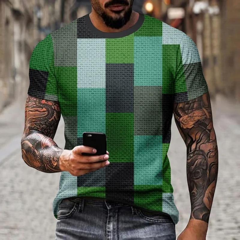 Color Block Splicing 3D Print T-Shirts Streetwear Men Fashion Casual Oversized O-Neck Short Sleeved T Shirt Tees