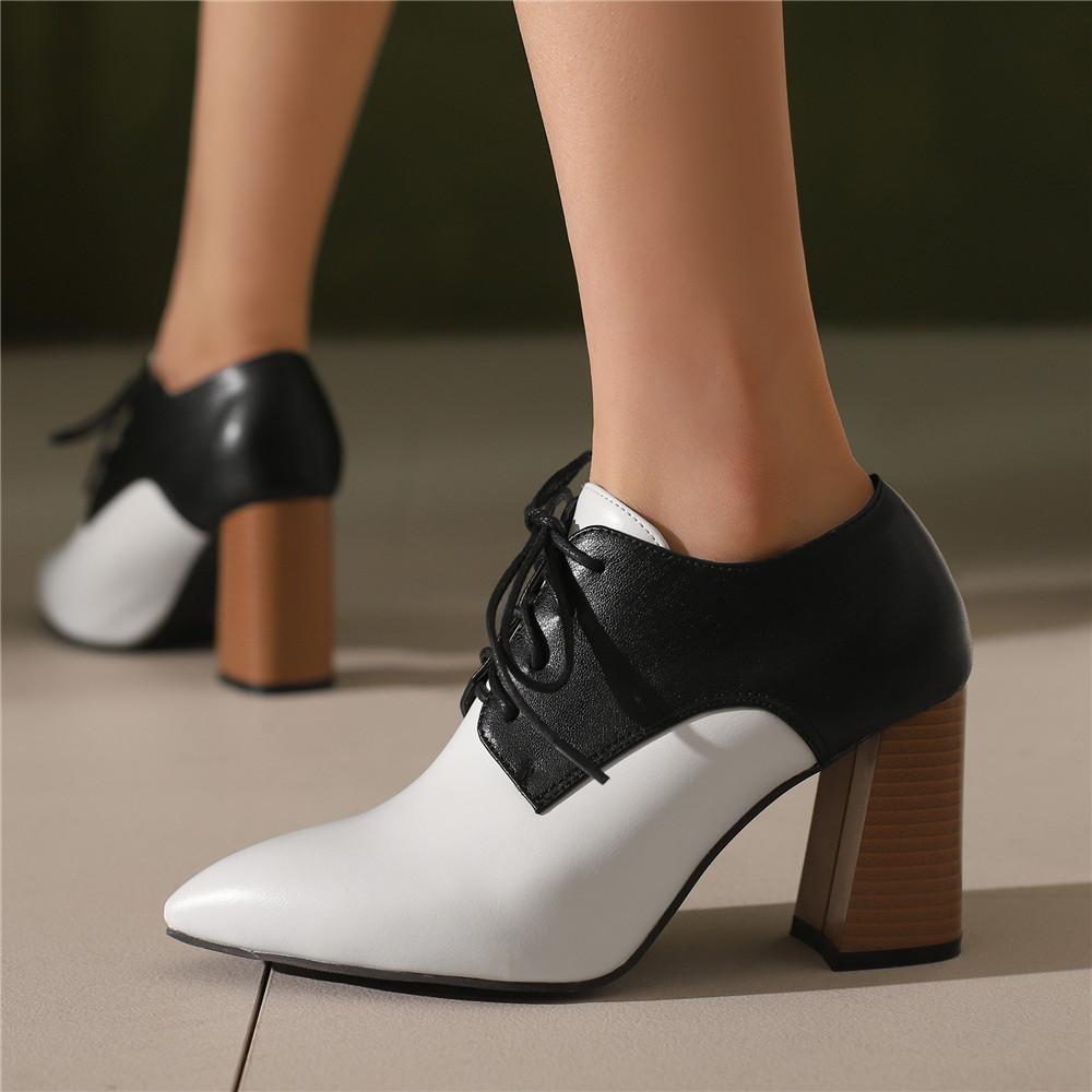 Fashion Women's Pump Shallow Brogue Shoes Vintage Chunky Heel Oxford Lace-Up Fashion Elegant Ladies High Heels White Black Brown Red