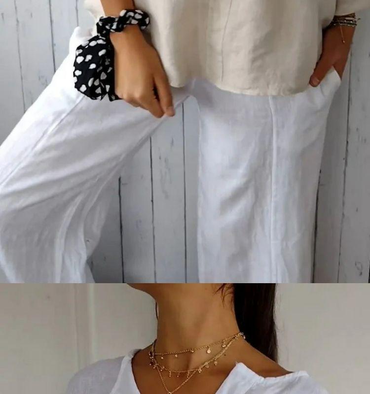 European Chic V-Neck Cotton Linen Mid-Sleeve Top for Plus Size Women - Spring/Summer