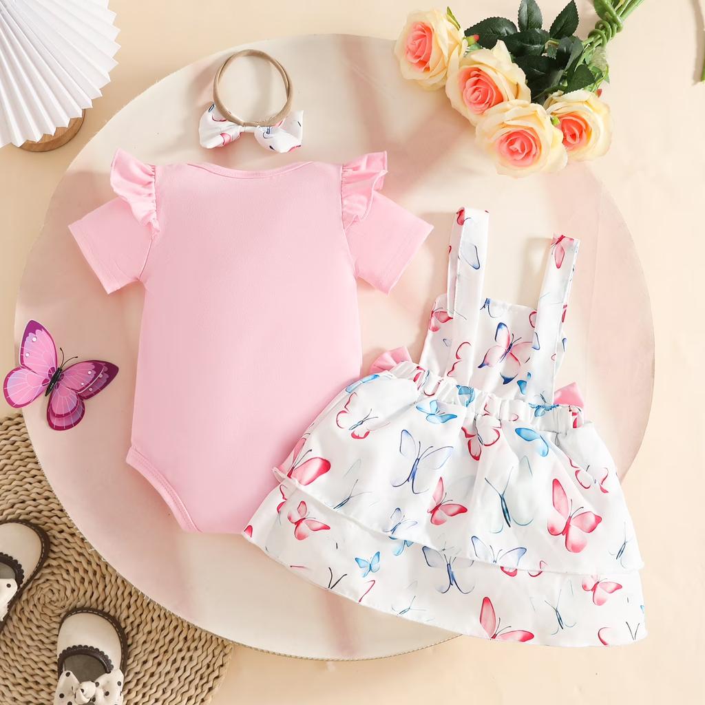 Baby Summer Outfit Set Girl Short Sleeve Bodysuit Romper Ladybug Print Dress with Bowknot Straps and Headband Infant Clothes