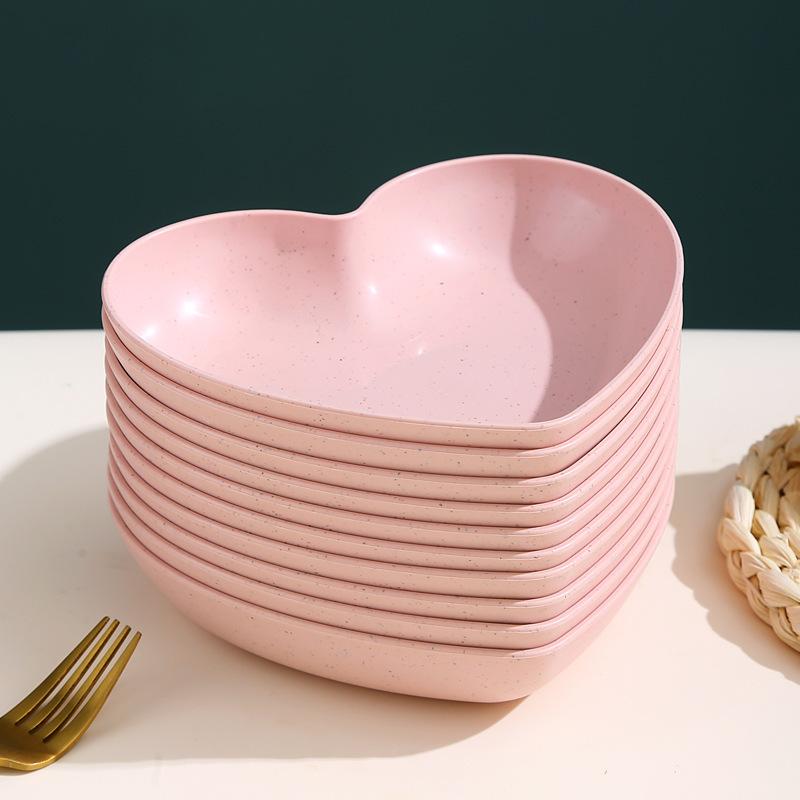 5Pcs Creative Color Heart Shaped Plate Wheat Straw Household Living Room Fruit Dim Sum Plate Fashionable Children Tableware