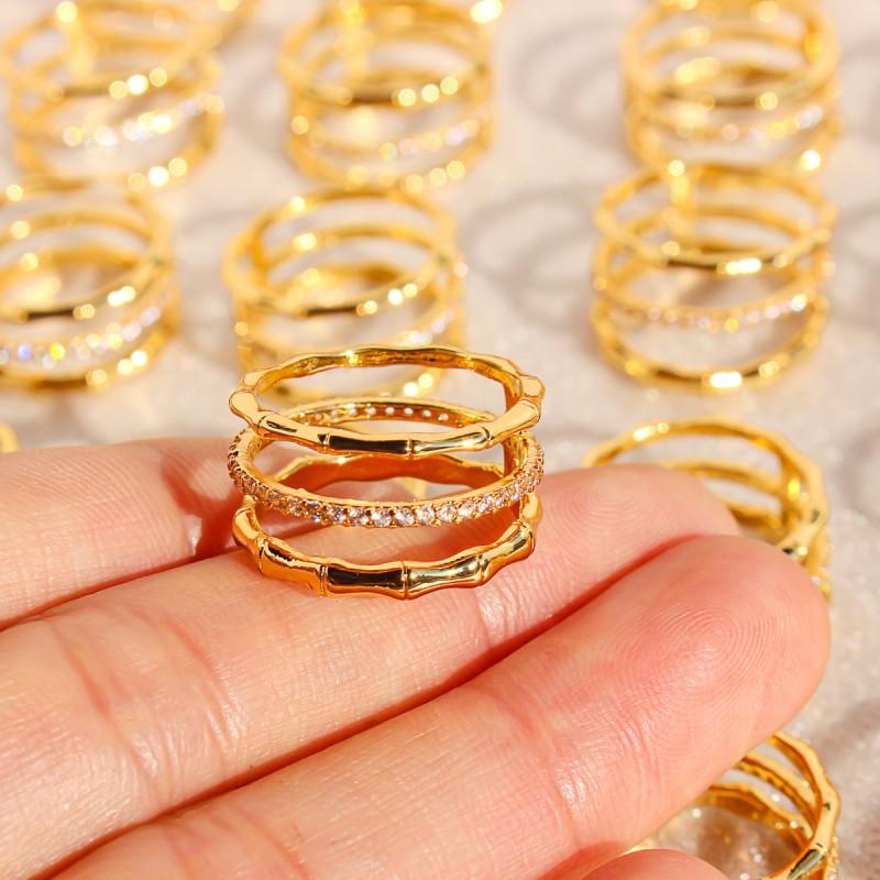 Womens Fashion Stackable Wide Band Bamboo Joint Ring With Zirconia Inlay Gold Plated Copper