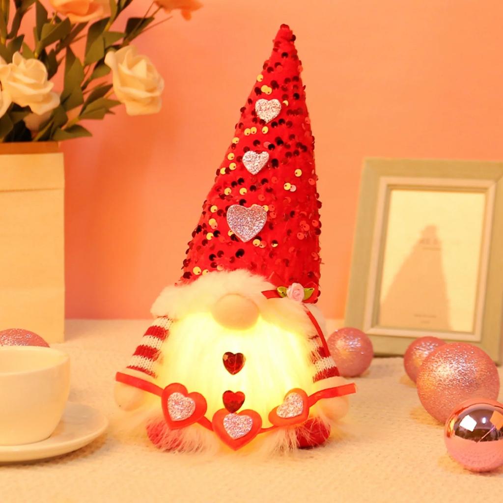 Lighted Valentines Gnomes Plush Doll, Handmade Scandinavian Swedish Tomte, Light Up Toy Holiday, Battery Operated Valentine's Day Gift Tabletop