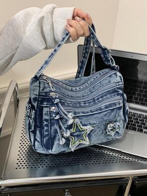 Korean Style Lightweight Denim Crossbody Bag - Fashionable Star Design