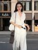New Fall Women's Commute Outfit Set - Two Piece Loose White Shirt and Wide Leg Pants