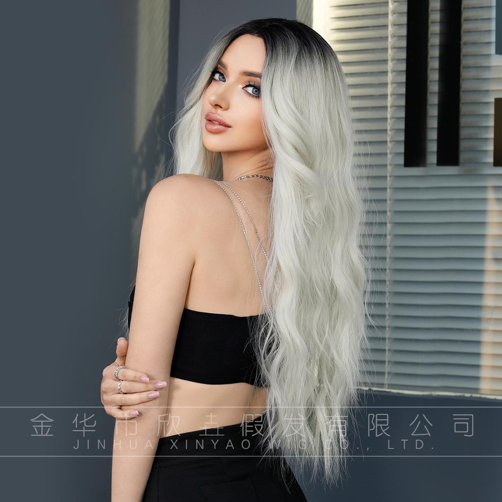 European American Medium Length Curly Hair Wig With Big Waves Silver White Top Dyed Christmas Full Head Cover