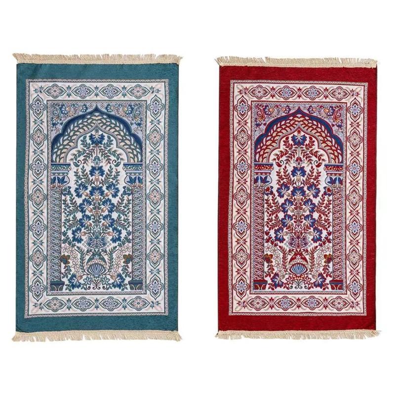 Foldable Portable Prayer Mat Islamic Floral Woven Jacquard Kneeling Rug Blanket with Tassels For Men Women and Children