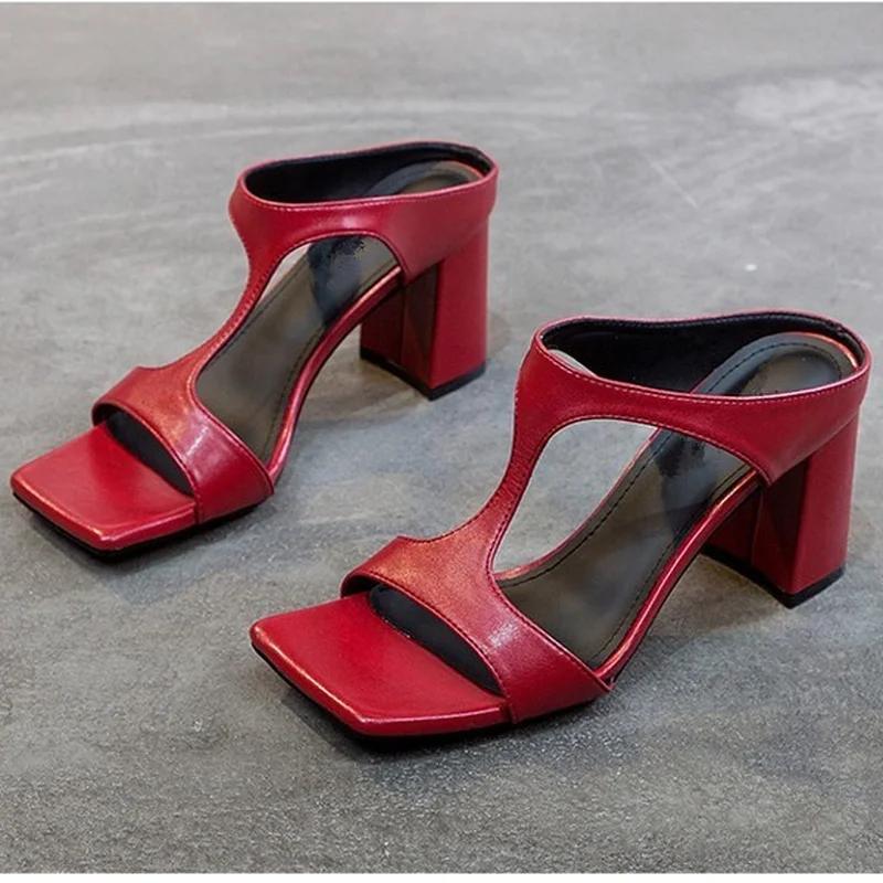 Fashion Women's High Heel Shoes 2025 Spring New Slippers Fashion Versatile Solid Color Medium Heel Thick Heel Square Toe Sandals Women