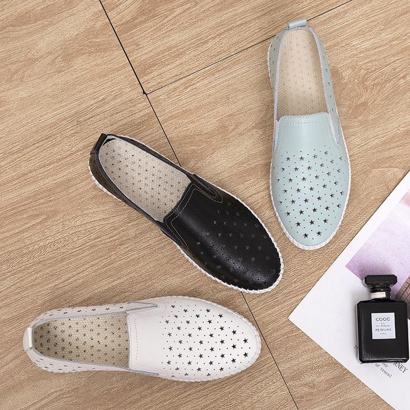 Genuine Leather Women Soft Sole Walking Shoes Girl Student Jooging Sneaker White Black Flats Female Casual Skate Trainers Summer