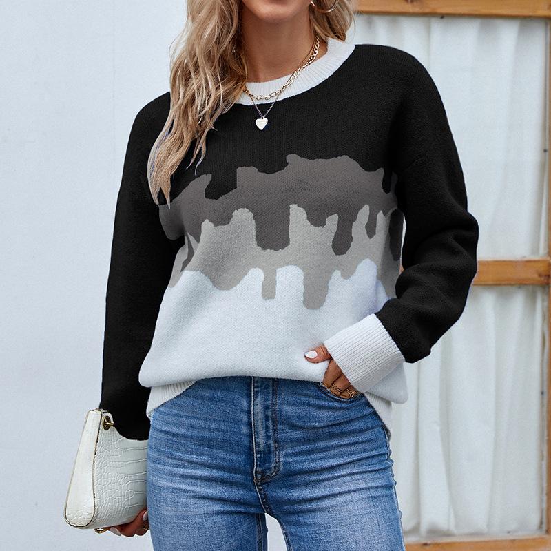 

Autumn and winter new style European and American round neck pullover sweater for women with contrasting colors XL чёрный
