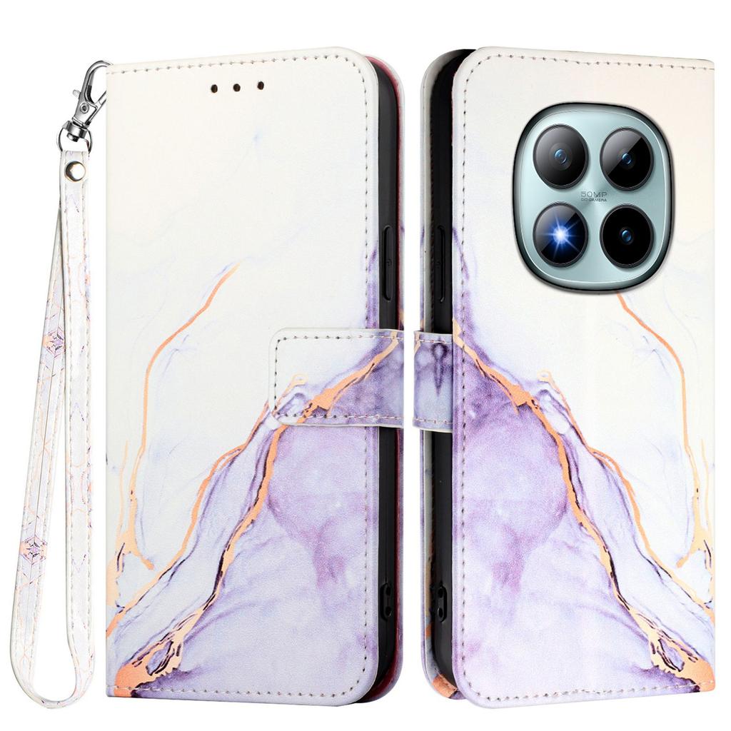 Etui na Xiaomi Redmi Note 15 Pro+ 5G ze smyczą, skórzany pokrowiec na telefon z wzorem marmuru, uchwyt na karty