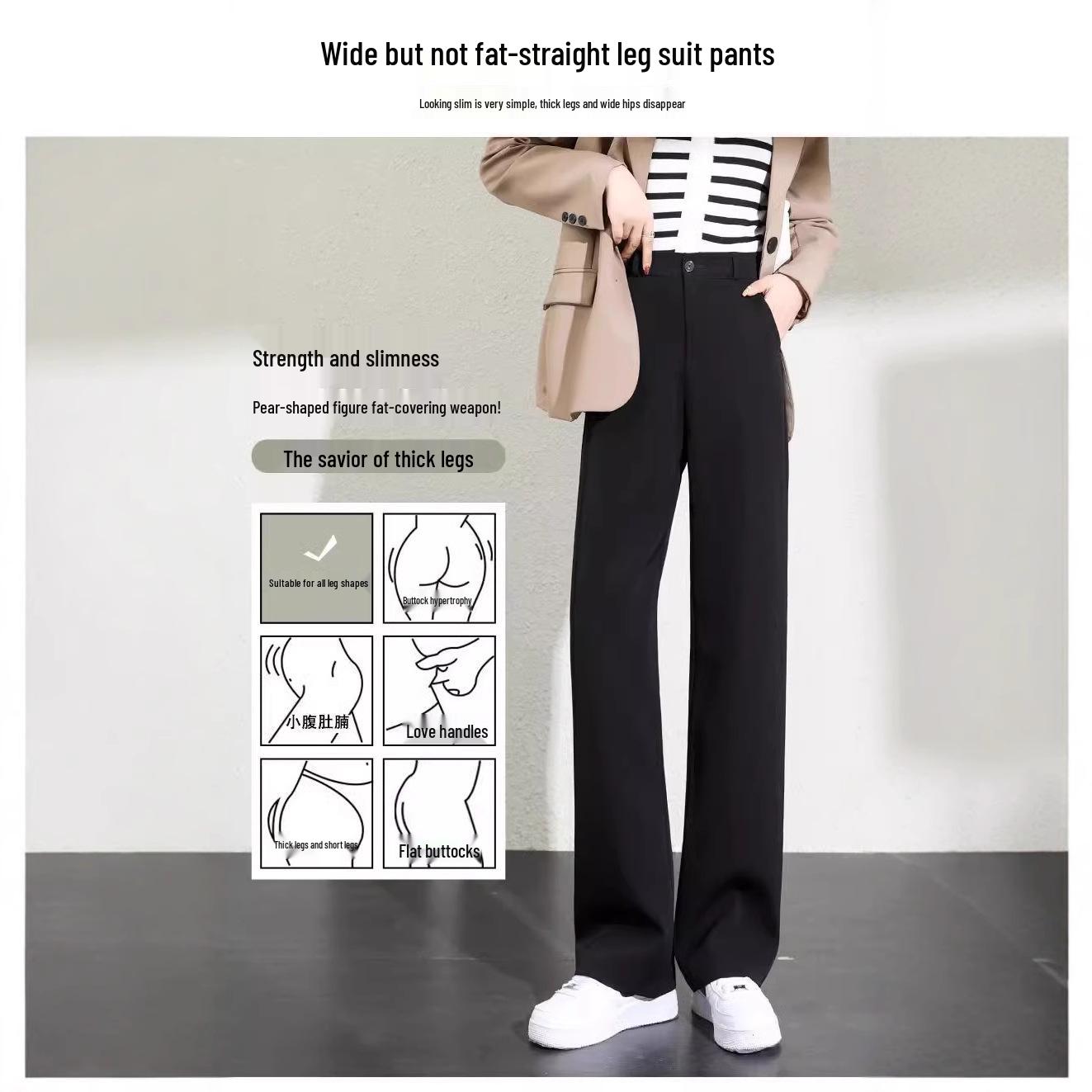 

Women s High-Waisted Black Suit Pants - Autumn/Winter 2024, Slimming Draped Loose Straight-Leg, Wide-Leg Long Pants. S [Recommended 81-90 jin]