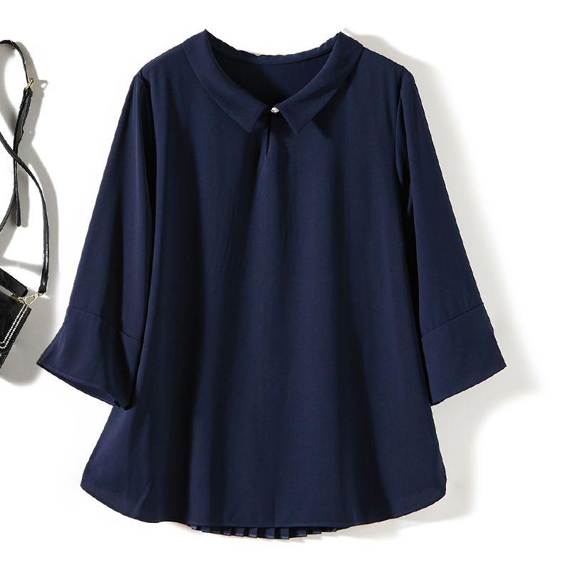 

Elegant Girls Summer Ammonia Silk Linen Sanzhai Pleat 3/4 Sleeve Shirts New Blue Summer Small Lapel T-shirt Loose Dark Blue L