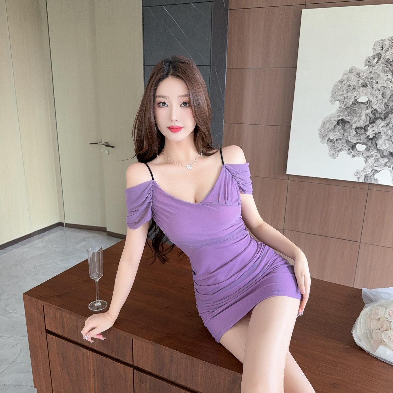 

Summer nightclub dancing women s clothing temperament slim dress mesh suspender skirt sexy folds L фіолетовий