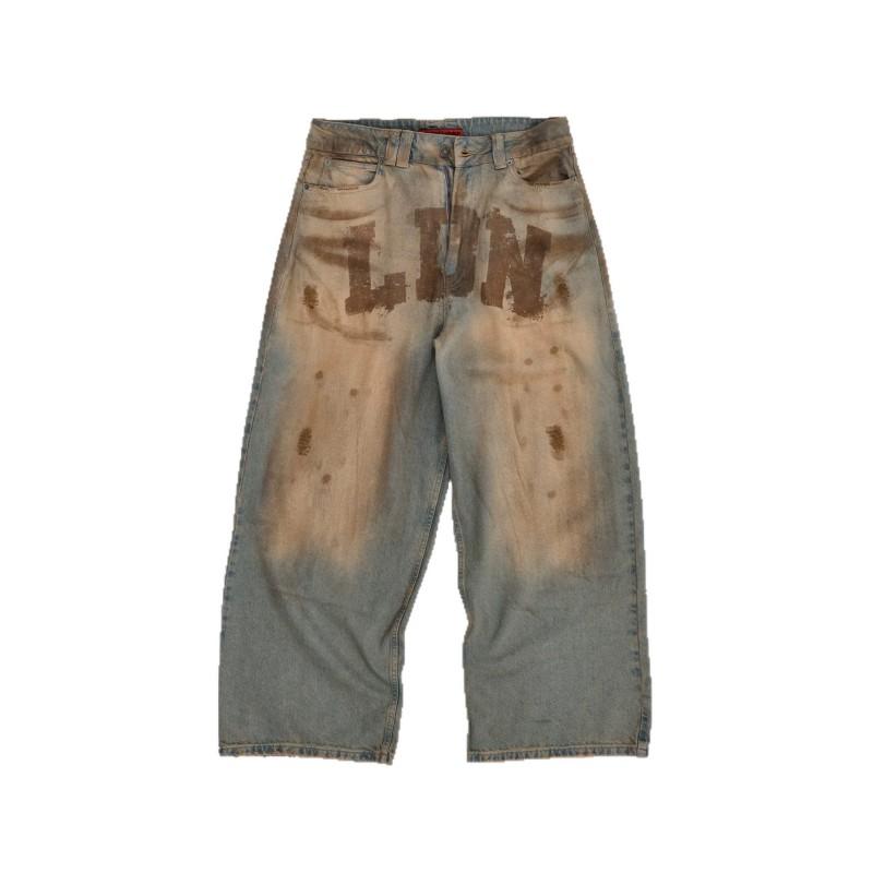 Y2K Distressed Washed Letter Print Denim Jeans Loose Straight Cut Streetwear Pants Teens