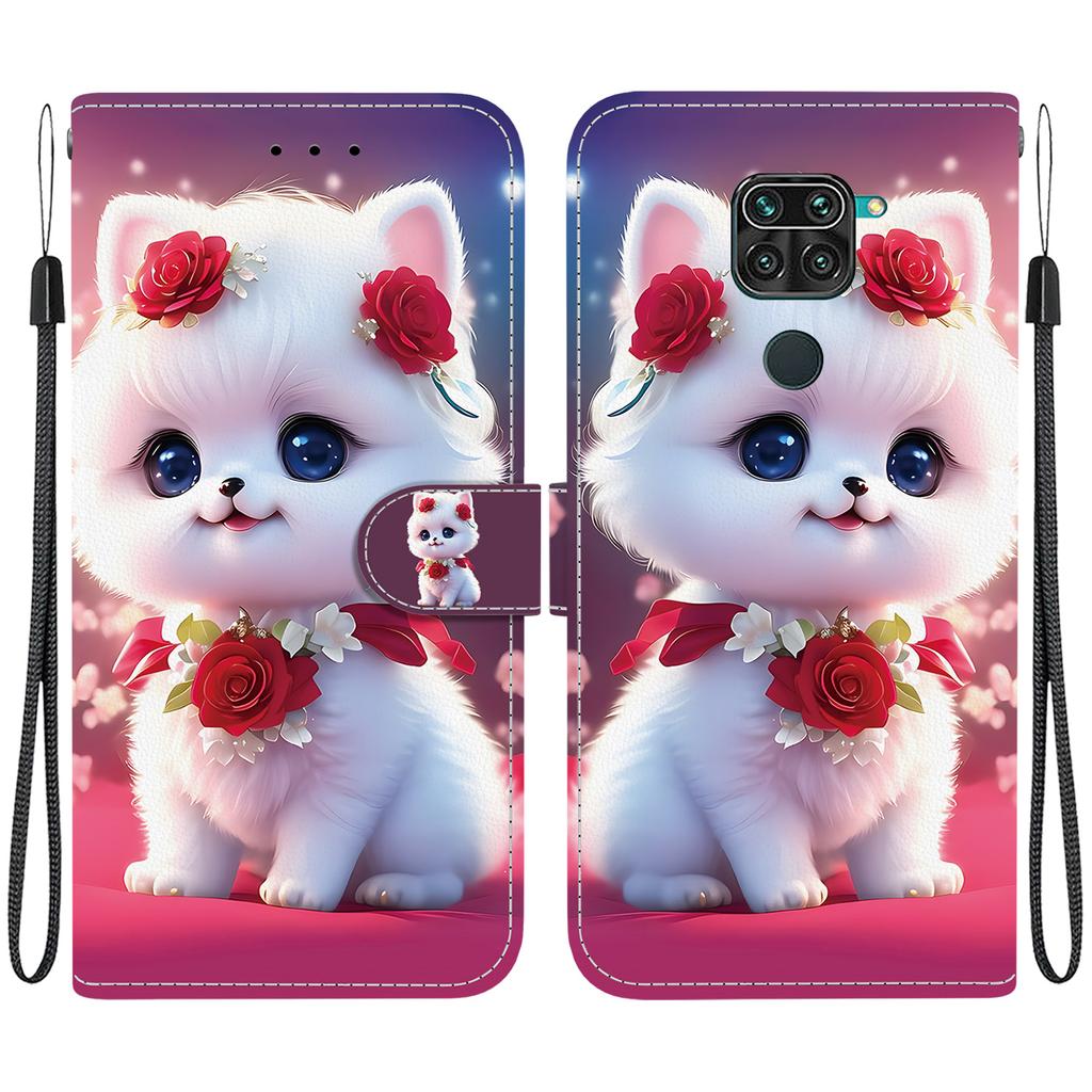Handmade PU Leather Flip Case for Xiaomi Redmi 10X 4G/ Redmi Note 9 (4G) Anti-Slip Shockproof Cover with Wrist Strap & Heart/Rose Cat Designs