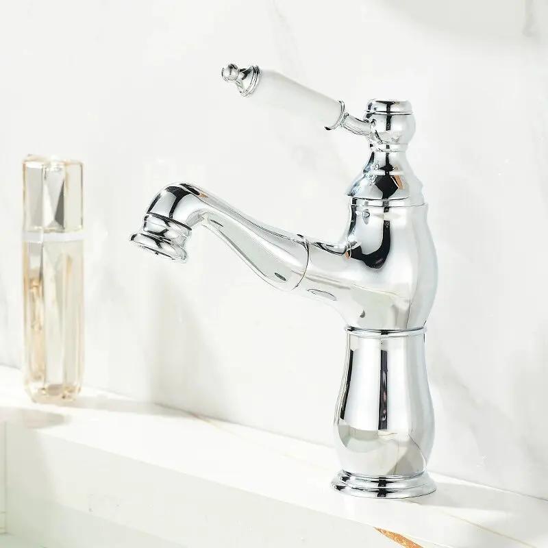 Gold Bathroom Ceramic handle Basin Faucets Pull Out Mixers Sink Faucet Washbasin Taps Water Tap Tapware Crane Brass Material