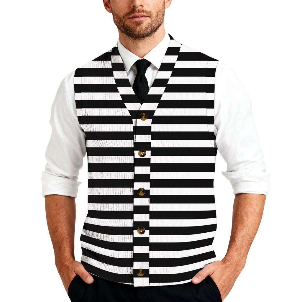 Men's Striped Plaid Print Tank Top Knitted Button,Down Shirt | Sleeveless Casual Button,Up Vest With Collar For Daily & Layering