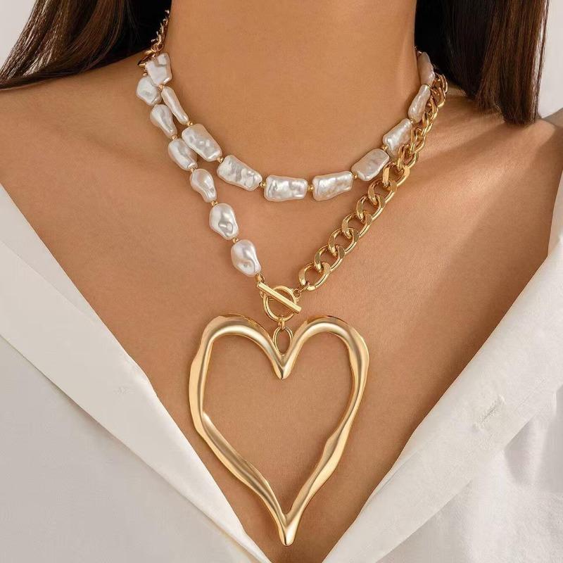 Sweet And Cool Big Love Necklace Exaggerated Double-Layer Baroque Imitation Pearl Necklace