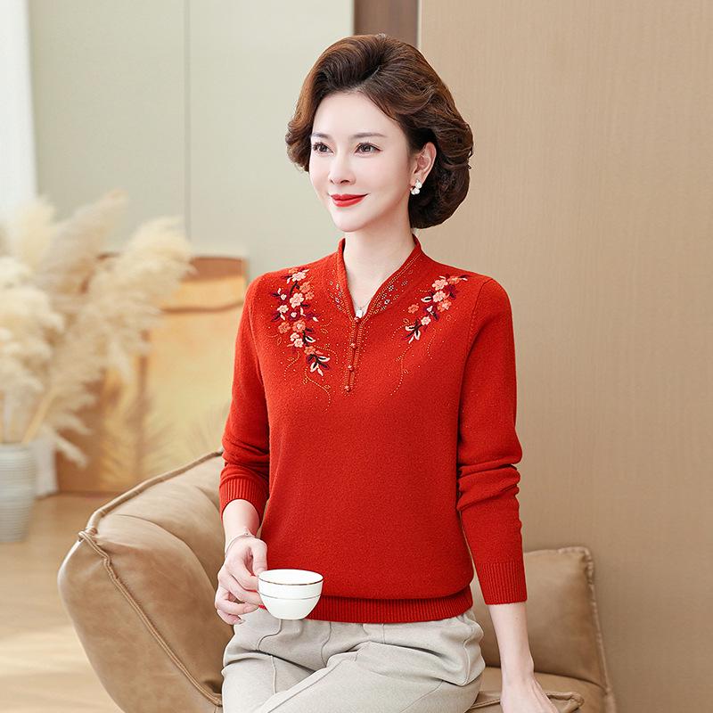 Year of the Rat High-End Embroidered Wool Sweater with Stand-Up Collar for Middle-Aged and Elderly Women