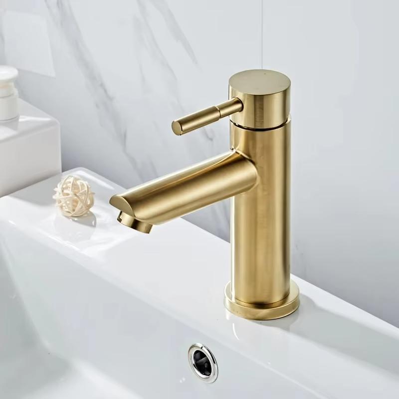 

Brushed Gold Stainless Steel Bathroom Sink Faucet, Modern 2-Hole Deck Mount Basin Mixer Tap with Cold & Hot Water