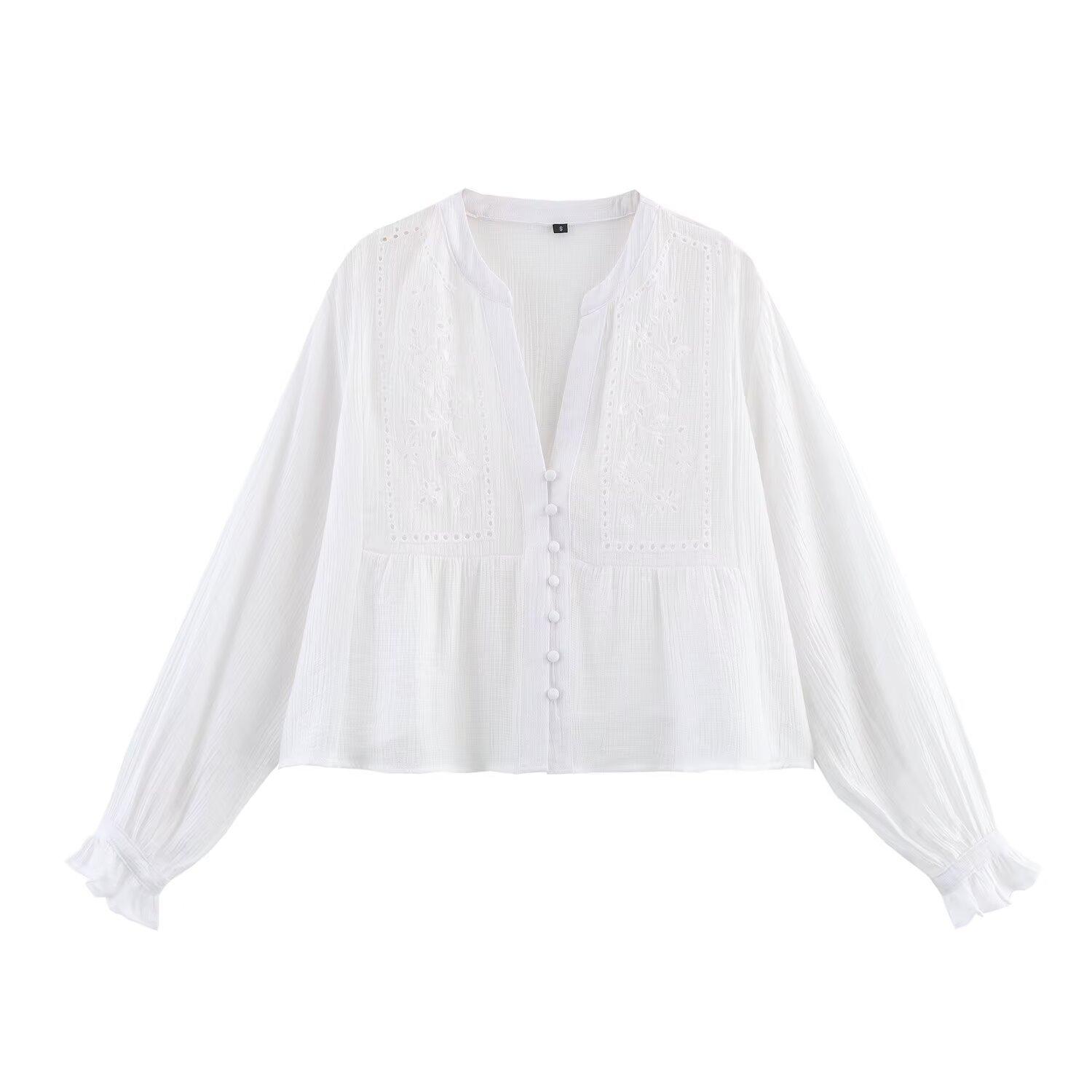 European and American loose-breasted round neck long-sleeved embroidered top New women s summer top S белый