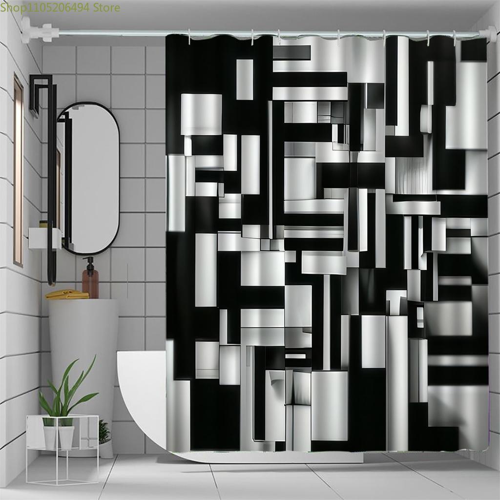 Modern Black and White Geometric Waterproof Mildew-Resistant Shower Curtain - Abstract Design for a Stylish Bathroom Décor