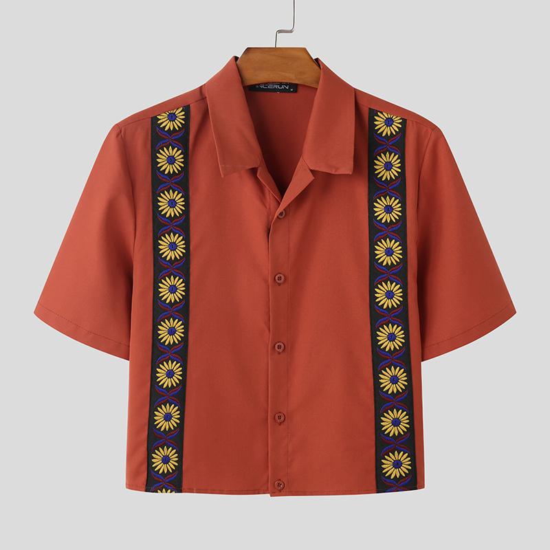 

INCERUN Summer Men Lapel Short Sleeve Button Embroidery Casual Loose Short Shirts 5XL оранжевый