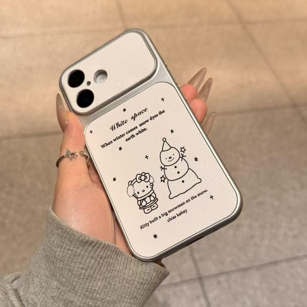 

Simple Snowman KT Cat Apple 17 Pro Max Case: Leather Texture, Silver Frame, Fits Large Window 13P, 14, 15, 16 Apple 17 Pro with Integrated Camera Button