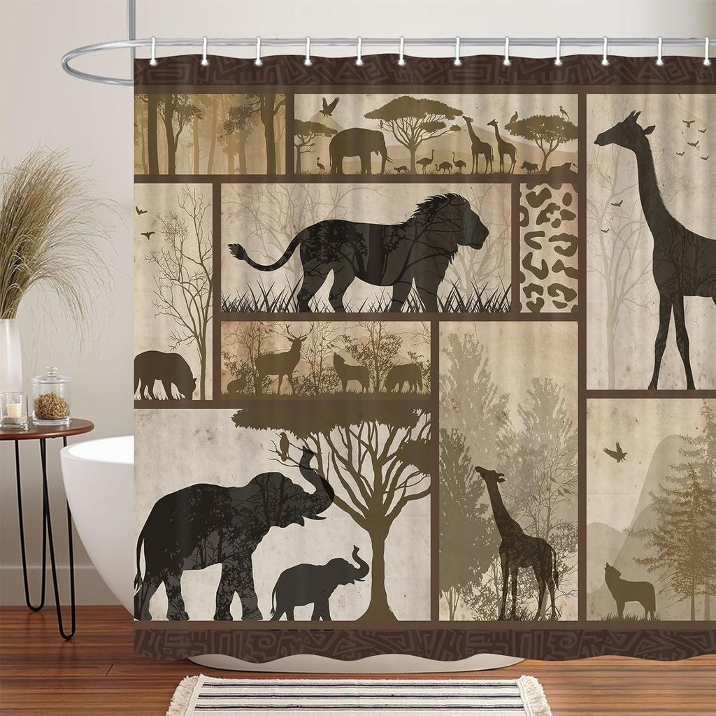 African Shower Curtain for Bathroom Elephant, Giraffe, Leopard Print  Cabin Tropical Forest Decorative Curtain With Hooks