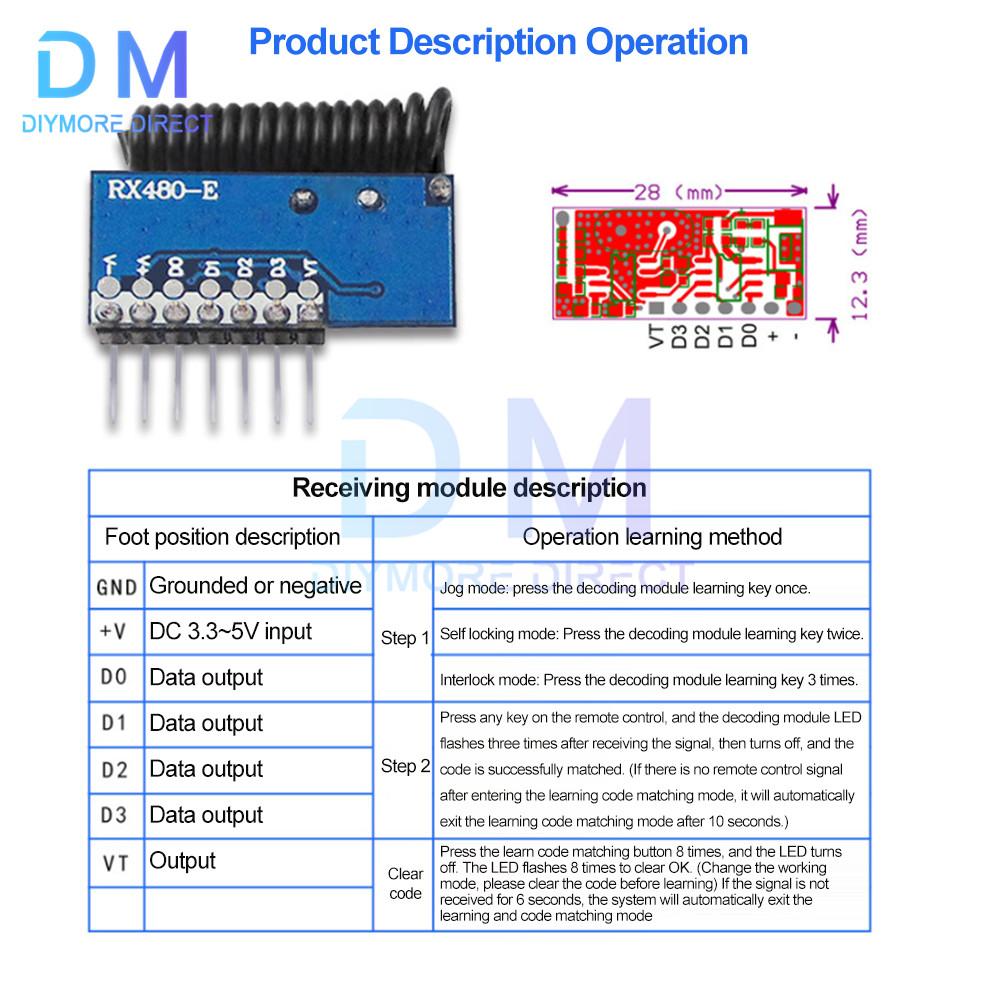 315/433mhz RF Receiver Learning Code Decoder Module 315/433 Mhz Wireless 4 CH Output For Remote Controls Encoding