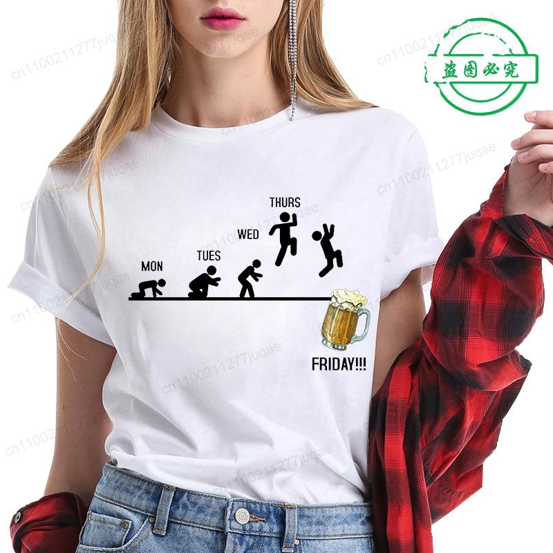 Women T Shirt Monday To Friday Drink Beer Funny Sports Fashion Casual T-shirt Skeleton FRIDAY Beer Graphic Tshirts Women Clothes