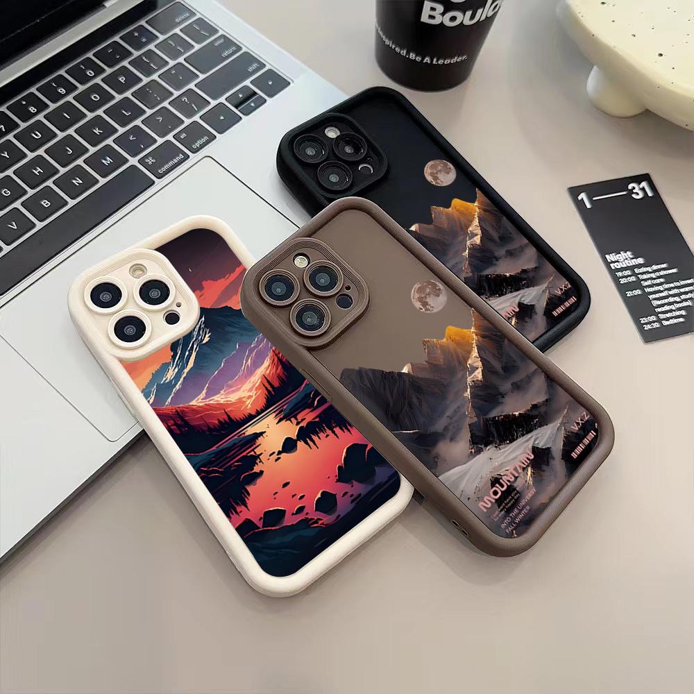 Mountain Moon Landscape Art Phone Case for iPhone 17 16 15 14 13 12 11 Series Pro Max Plus Double Layer Protection