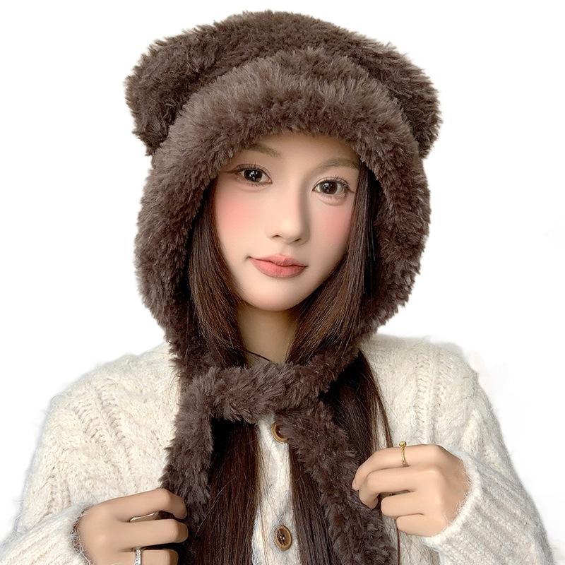 Korean Style Plus Velvet Cute Lanyard Plush Pullover Hat for Women Winter Large Head Circumference Knitted Hat Warm Ear Protection Woolen Hat