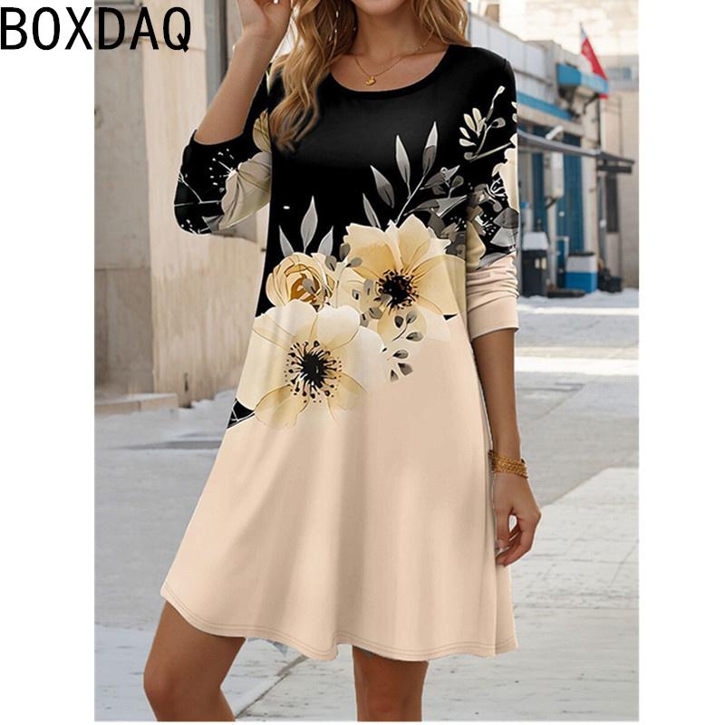 New Elegant Floral Print Long Sleeve Dress Big Size Women Casual Loose A-line Dress Vintage Boho Holiday Dress