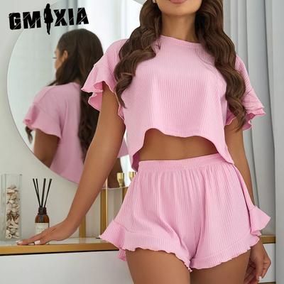 Πιτζάμες Βολάν Φαρδύ Κοντό Τοπ Σορτς Σετ Δύο Τεμαχίων Γυναικείων Ρούχων Άνεσης