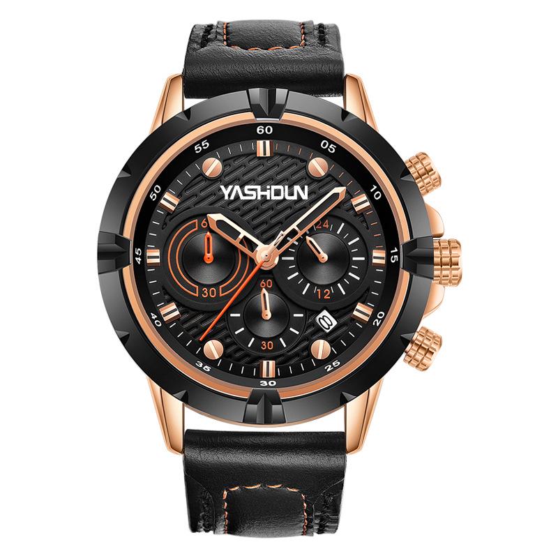 Men's Multi-functional Quartz Sports Watch with Genuine Leather Band