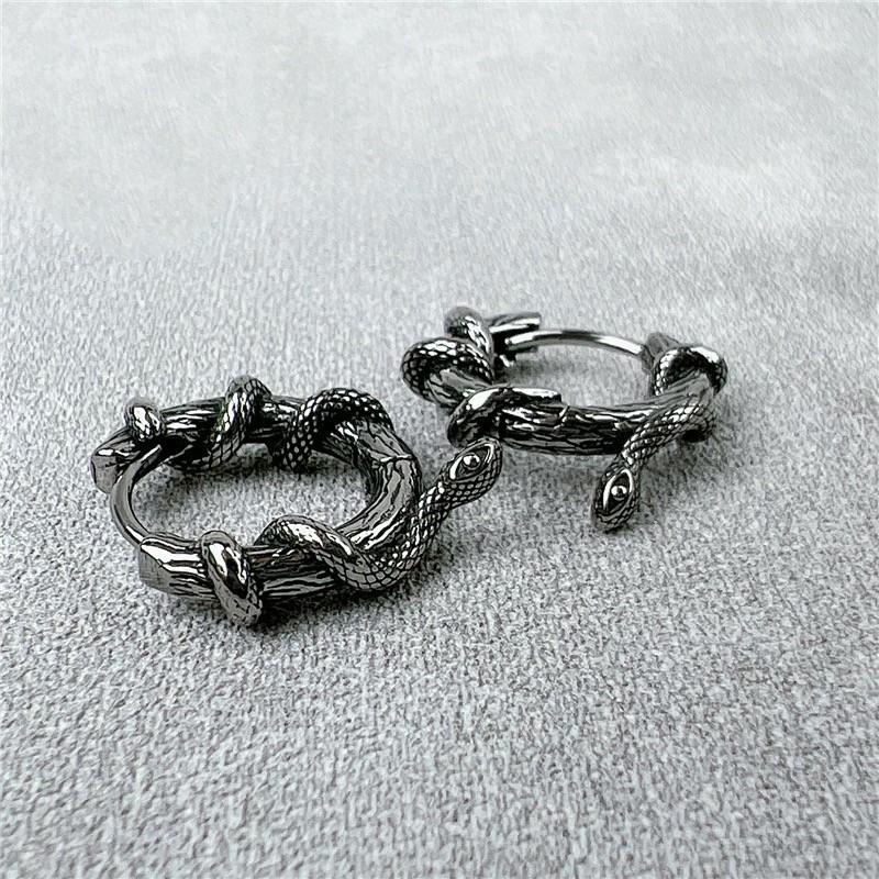 Hiphop Punk Snake Tangled Hoop Earrings for Men Women Vintage Black Geometric Circular Ear Buckle Rock Rap Jewelry Gift