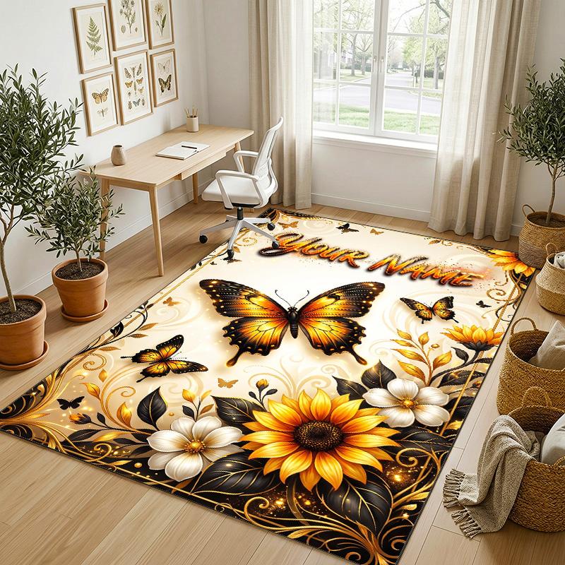 Butterfly Theme Crystal Velvet Rug Personalized Custom Name Text Soft Floor Mat Home Decor