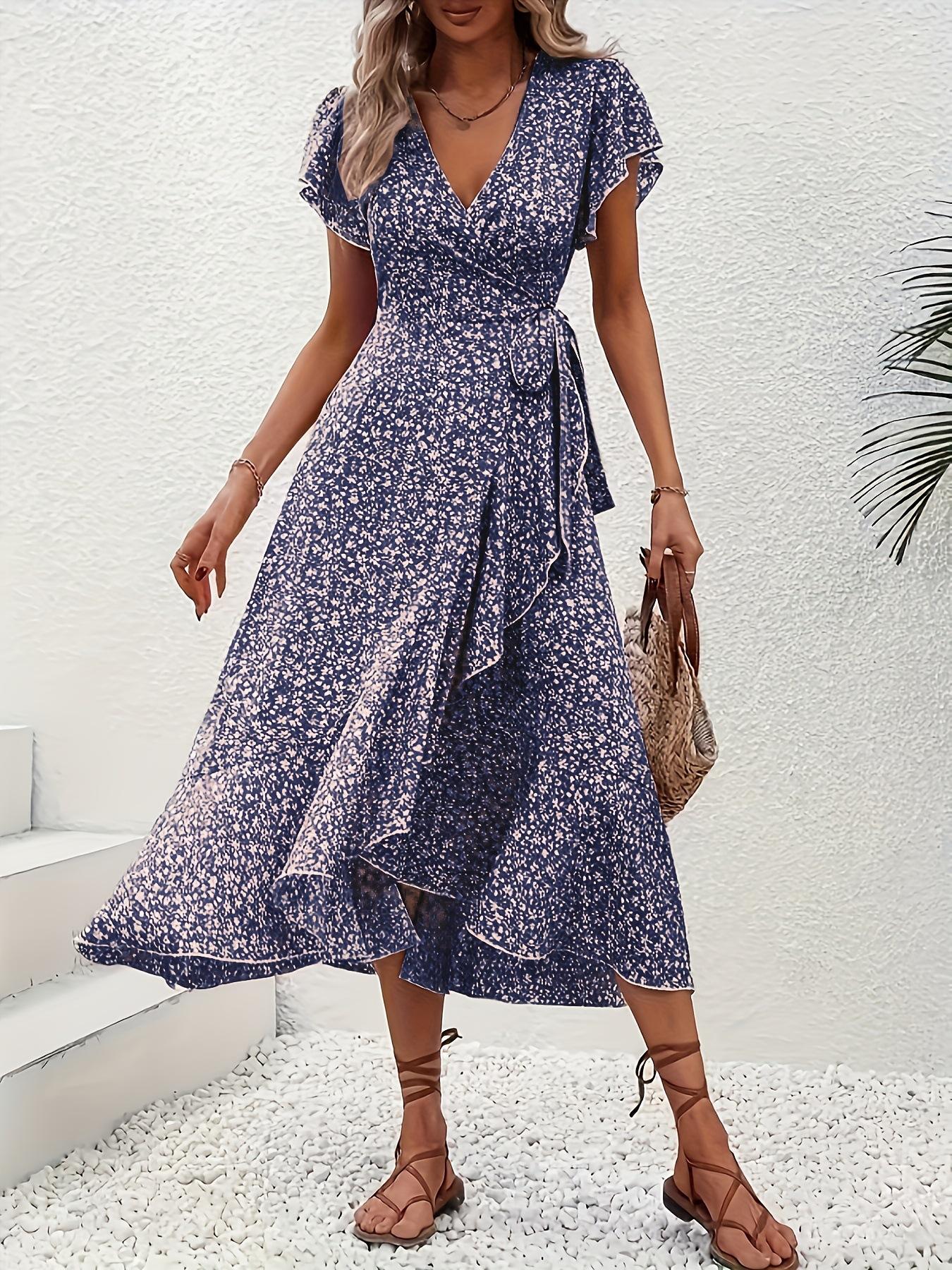 

Women s Floral V-Neck Short Sleeve Dress with Waist Tie and Ruffled Hem, Summer Casual Dress in Pink/Blue/Red XXL темно-синього кольору