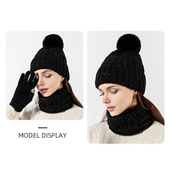 3Pcs/Set Winter Knitted Scarf Gloves Set Pom Pom Ball Fleece Lining Brimless Hat Touchscreen Gloves Neck Warmer Set