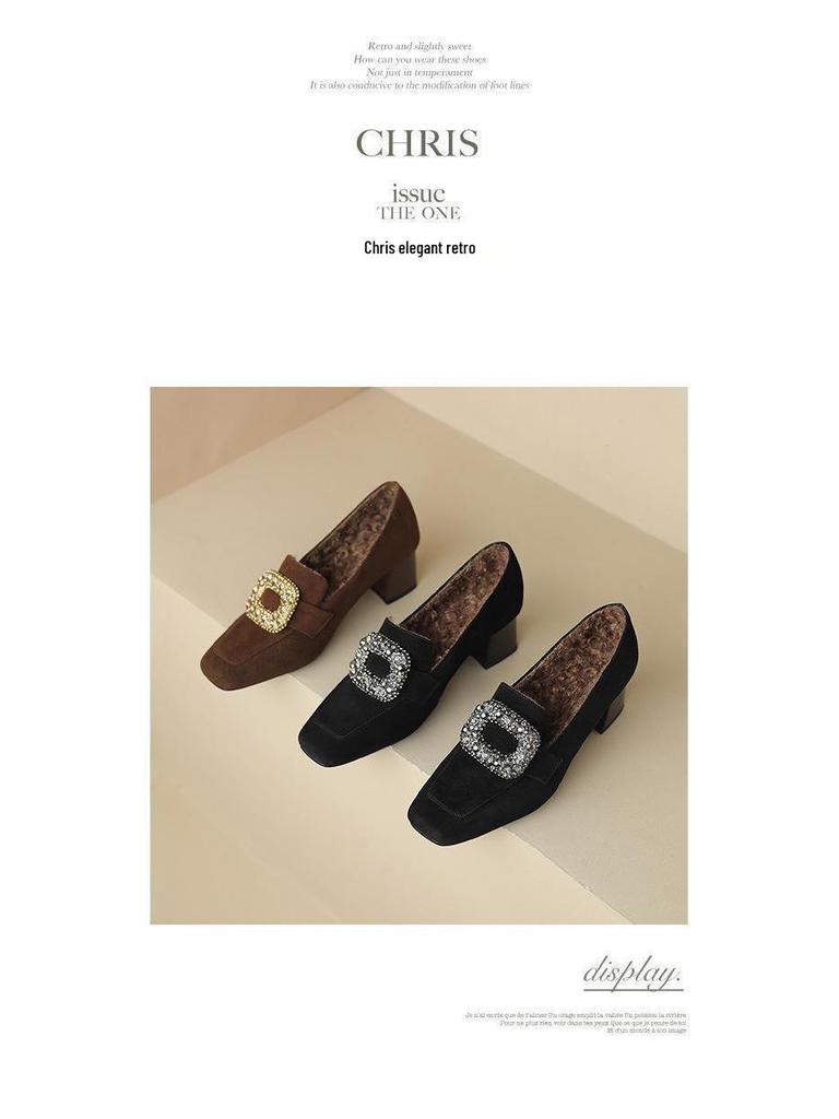 Women's Brown & Black Plush Lined Loafers: Velvet, Square Toe, Chunky Mid-Heel, Deep Mouth Design, Autumn/Winter.