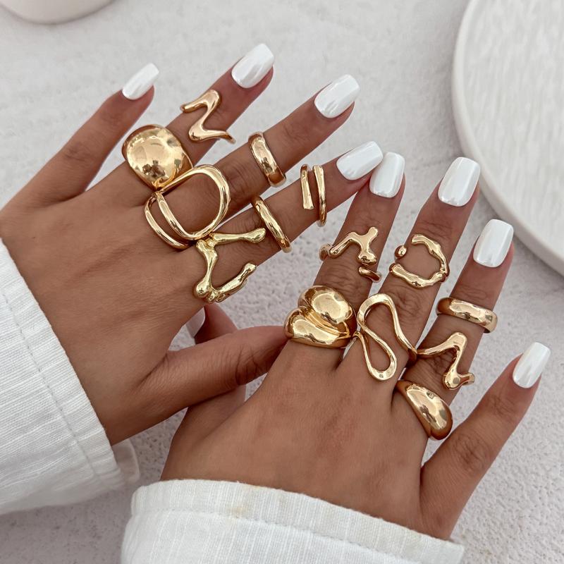 1Set Irregular Glossy Metal Open Rings For Women Vintage Punk Gold Silver Color Personality Finger Ring Female Jewelry