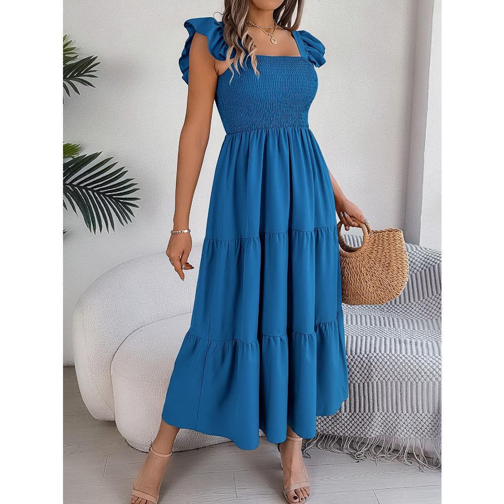 Summer Solid Colour Square Neck Wooden Ear Side Waist A-Line Long Women's Loose Casual Dresses