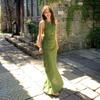 Elegant French Green Sleeveless Summer Dress: Mori Girl Style with Waist-Cinching Bell-Shaped Skirt