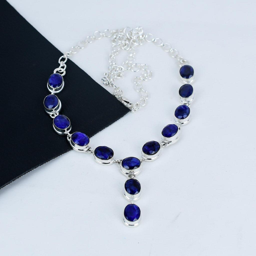 Colier din argint 925 lucrat manual cu piatră prețioasă de safir albastru, colier din argint cu labradorit albastru flash pentru soție, colier unisex, cadou