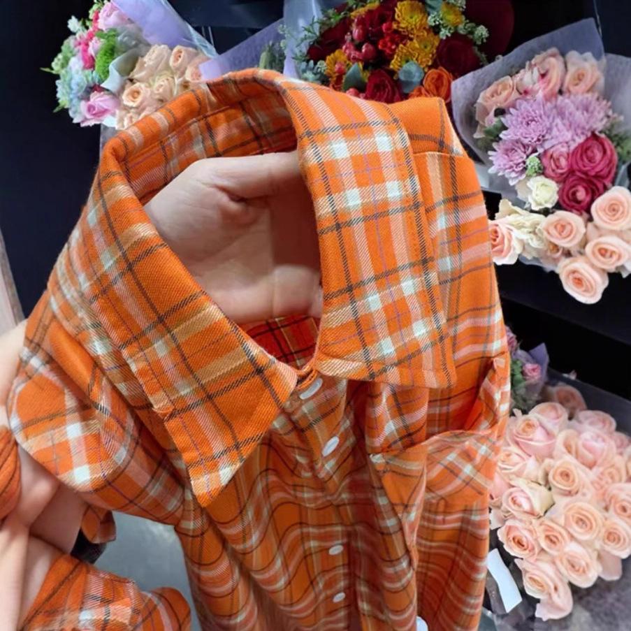 Women's Retro Orange Plaid Long Sleeve Shirt - Loose Casual Autumn/Spring Sun Protection, Couple-Friendly Design