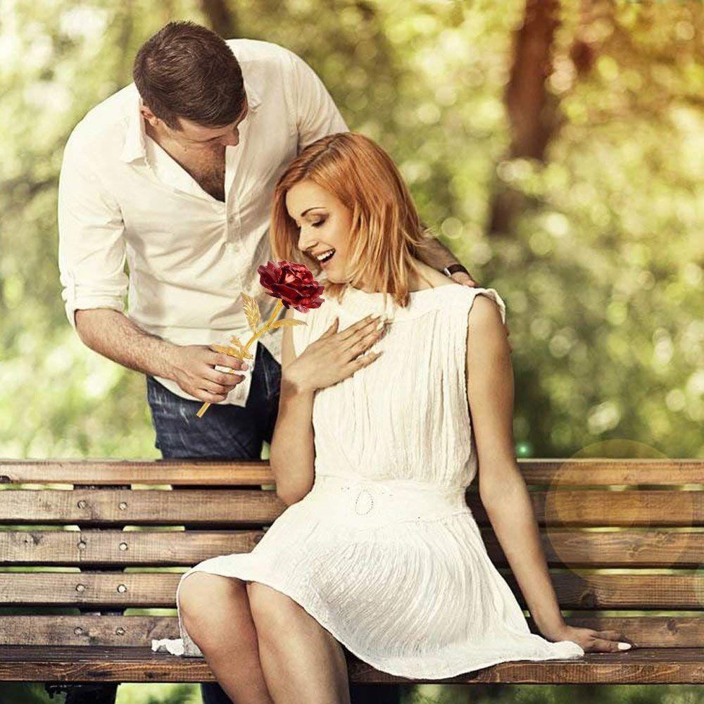 GIFT Red Rose Flower with Golden Leaf with Love Shape Stand and Luxury Gift